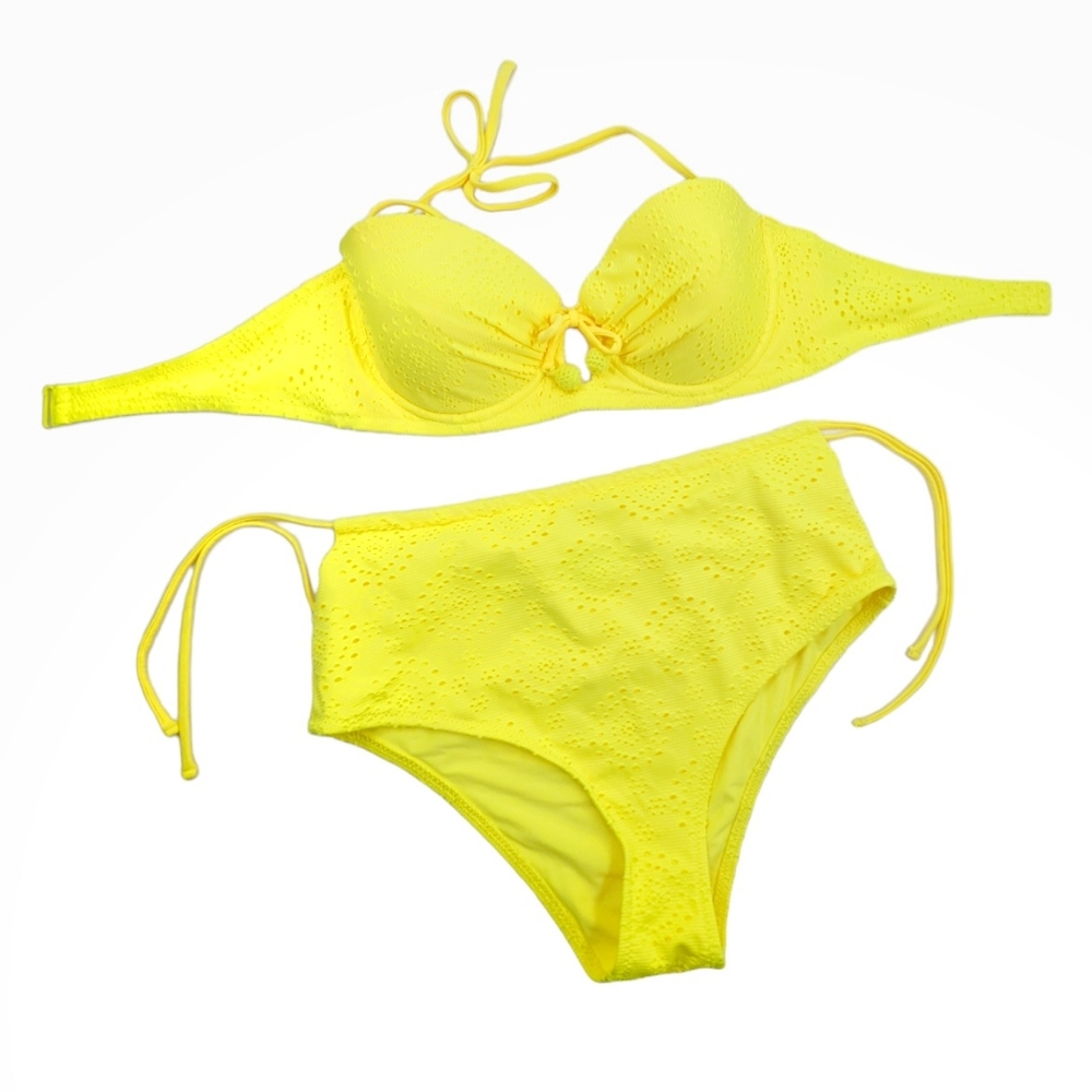 AERIE Eyelet Balconette Padded Top & Hi Rise Side Tie Bottoms Bikini Set Sz 34D